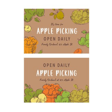 Elle çizilmiş taze elma çizimleriyle süslenmiş elma toplama kartı tasarımı.