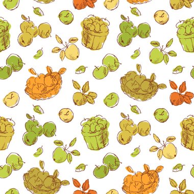 Kusursuz desenli, yarım yamalak elma çizimleri. Apple toplama sezonu konsepti, arkaplan şablonu