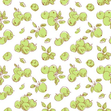 Kusursuz desenli, yarım yamalak elma çizimleri. Apple toplama sezonu konsepti, arkaplan şablonu