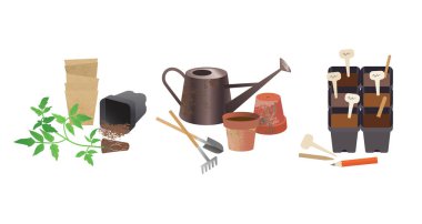 Bahçıvanlık araçları, fidanlar ve çeşitli ekim ürünleri, vektör çizimleri