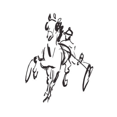 Çizim çizimi, koşum takımı yarış illüstrasyonu, at arabası ve jokey.