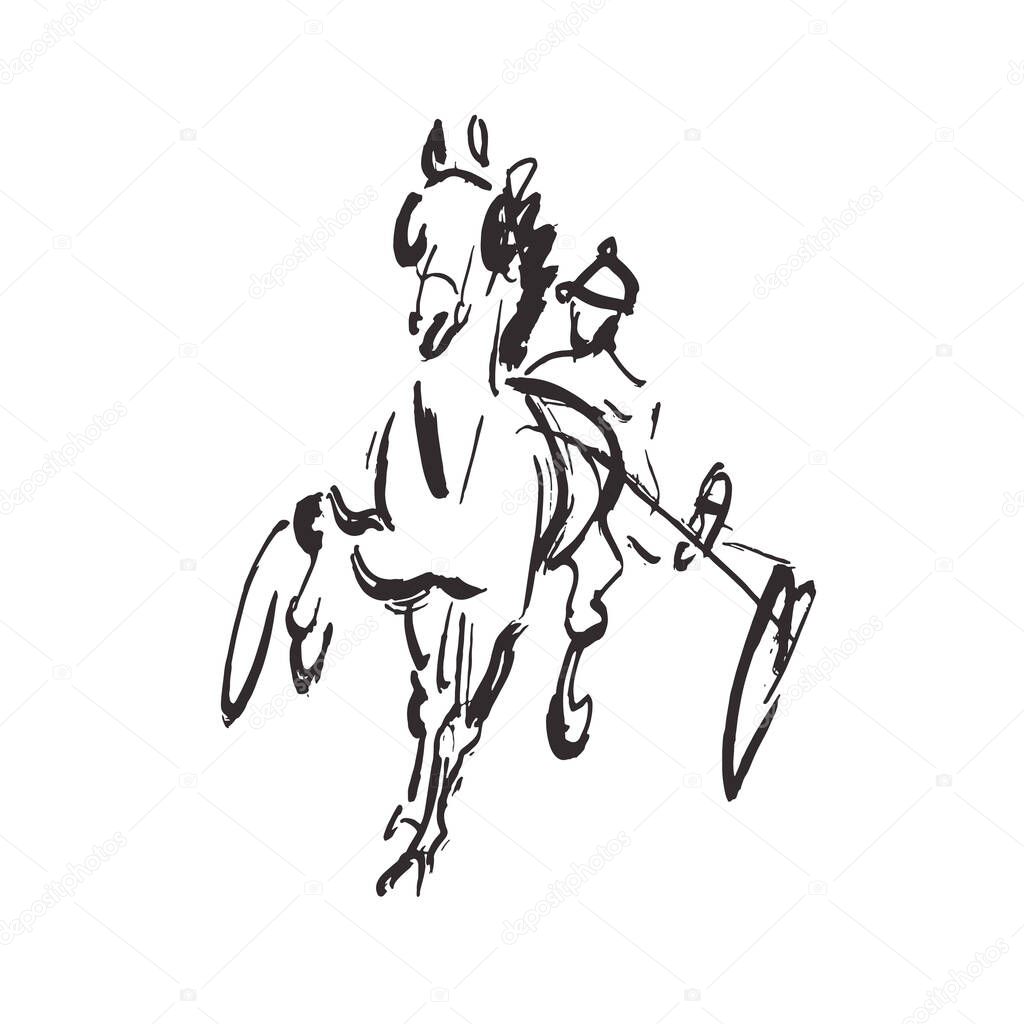 Sketch drawing of trotter horse, harness racing illustration, cart with horse and jockey