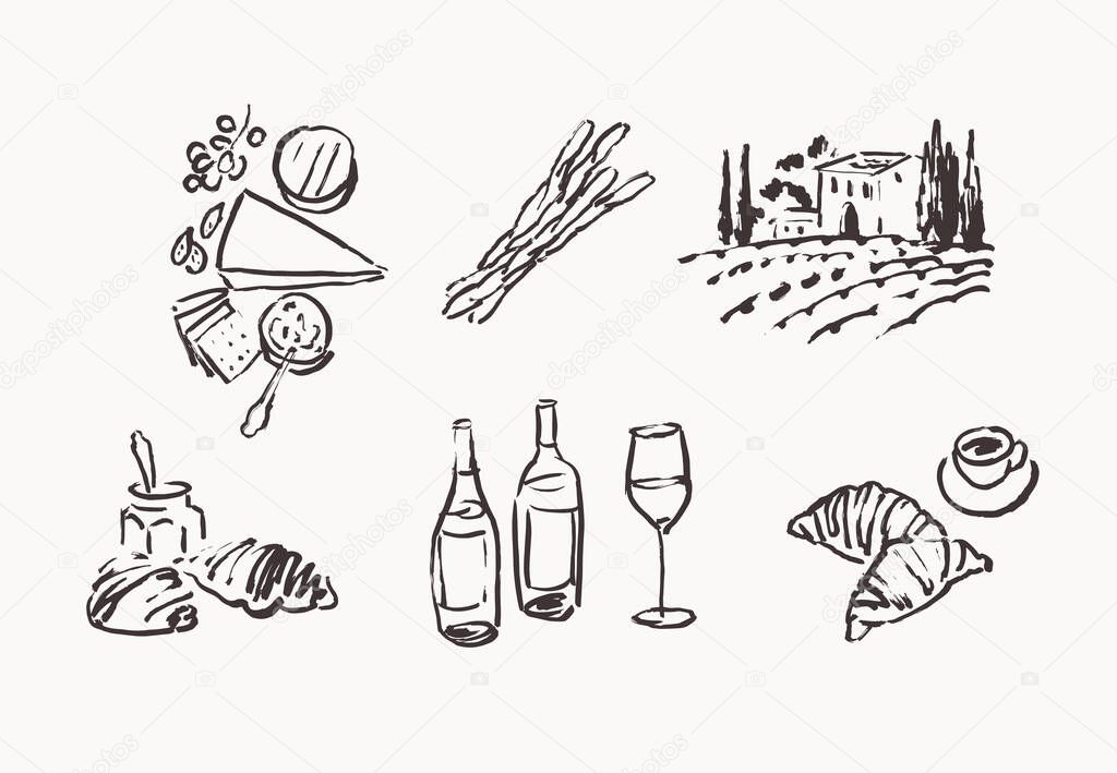 Line art drawings, wine and charcuterie illustrations