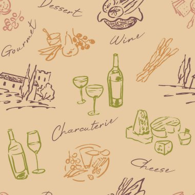 Şarap ambalaj kağıdı tasarımı, şarküteri dikişsiz desen, çizgi sanatı çizimi