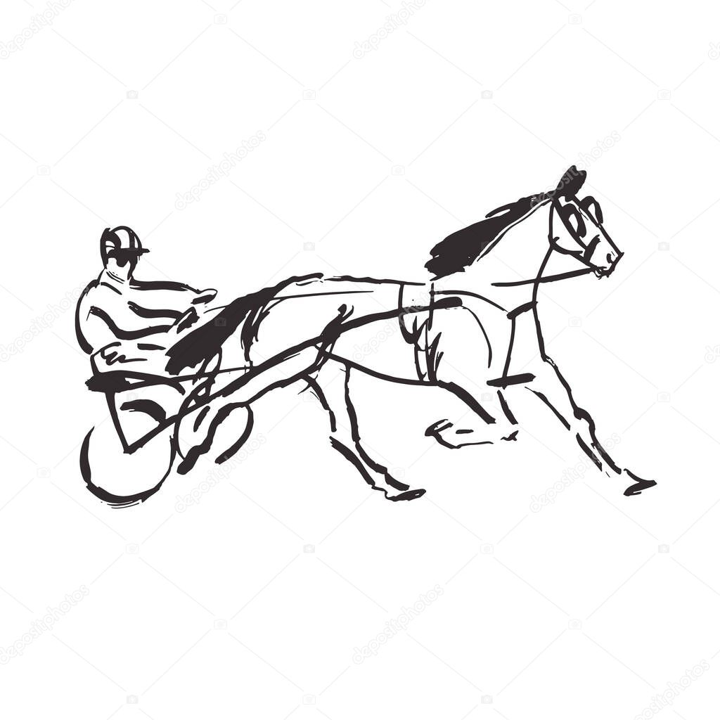 Harness racing  line art illustration, trotter horse in sulky, side view