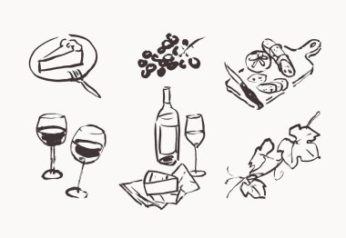 Fırça çizgisi sanat yemek çizimleri, şarap çizimleri, el çizimi grafikler. 