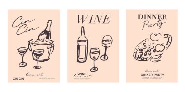 Şarap ve peynir çizgisi sanat çizimleri, poster şablonları, el yapımı tasarım elementleri.