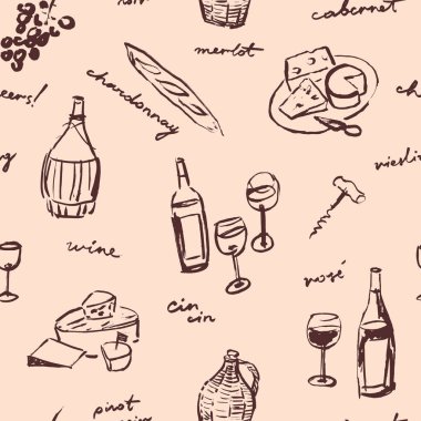 Şarap ve peynir çizgili kusursuz desen sanat çizimleri, çizilmiş resimler, ambalaj kağıdı tasarımı.