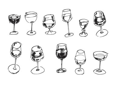 Çeşitli türde içki bardaklarının mürekkep koleksiyonu