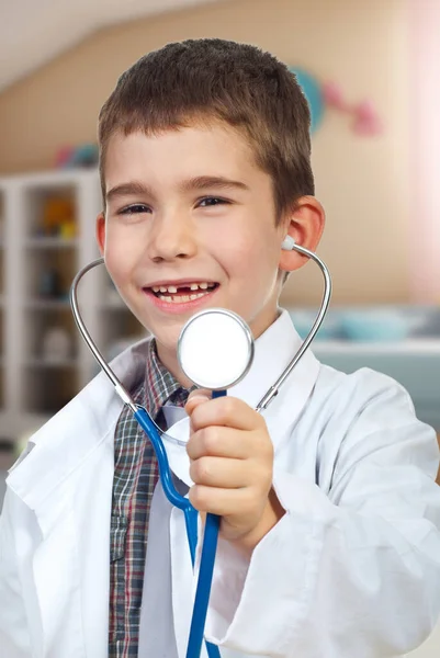 Small Doctor Boy Holding Stethoscope Laughing Isolated White Background Stock Photo
