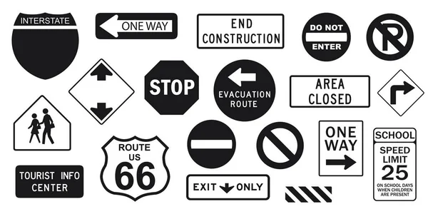Vector Illustration Road Warning Sign Icons Black — Stock Vector