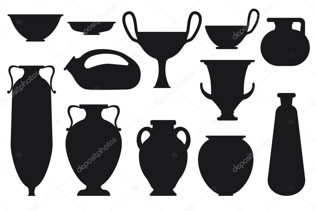 Ceramic objects from the classical period. Rome, Egypt and Greece style. Vector silhouettes.