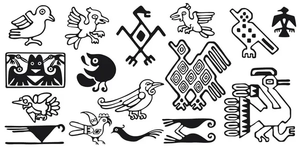一群部落的鸟儿 黑白隔离的病媒 美国风格 阿兹特克风格的墨西哥设计 图库矢量图片