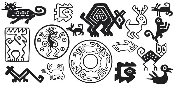 一组部落动物 黑白隔离的病媒 美国风格 阿兹特克风格的墨西哥设计 免版税图库矢量图片