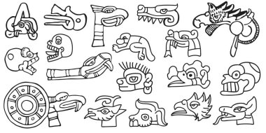 Bir dizi kabile sembolü, siyah ve beyaz izole vektör. Amerikan tarzı. Aztek hayvanları stili Meksika tasarımları