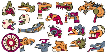 Bir dizi kabile sembolü. Amerikan tarzı. Aztek hayvanları stili Meksika tasarımları