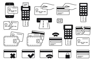 Kredi kartı basit bir Set vektör hat simgeleri ile ilgili. Chip, Kaydet, güvenli ödeme, para ve mor gibi simgeler içerir