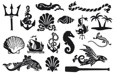 Deniz ikonlarının siluetleri. Eski moda dövme tarzı.