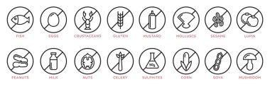 Yiyecek Alerji simgeler. Temel alerjenler ve diyet satır simgeler kümesi vektör. Beyaz arka plan üzerinde izole 