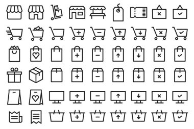 Ticaretle, satışlarla, mağazalarla ve alışverişlerle ilgili ikonlar. Web işiniz için semboller.