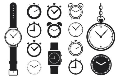 Saatler, kronometreler, çalar saatler, zaman sembolleri.