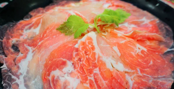 Rohes Fleisch Scheiben Geschnitten Zum Kochen Heißen Topf — Stockfoto