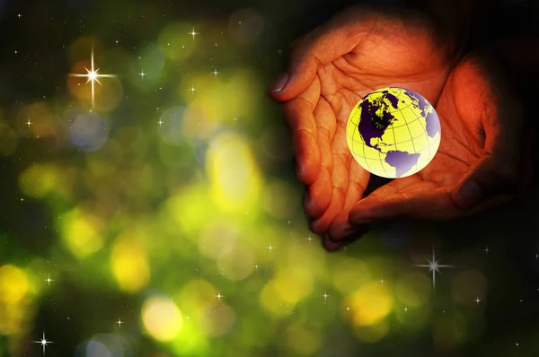 Hand Halten Die Welt Mit Schönen Stern Und Bokeh Hintergrund — Stockfoto