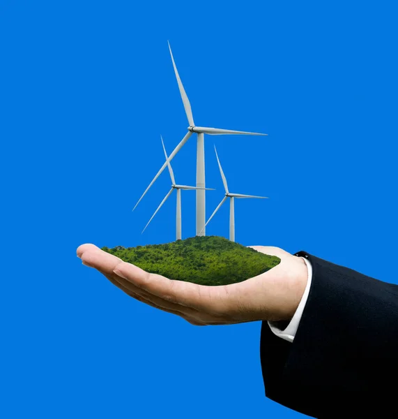 Turbina Eólica Mano Con Fondo Pantalla Azul Concepto Energía Sostenible —  Fotos de Stock
