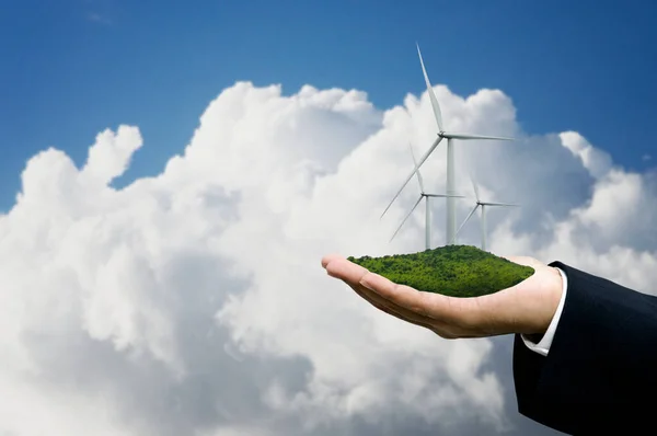 Green Energy Concept Wind Turbine Business Hand Clouds Sky Background — Stock Photo, Image