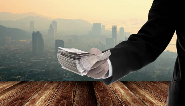 Politician Stiulate Economy Concept Money Hand Graph City Background — Stock Photo, Image