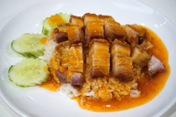 Porc Croustillant Avec Sauce Ragoût Sucré Riz Cuisine Chinoise — Photo