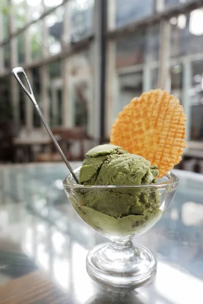 Green tea with red bean ice cream  at vintage cafe