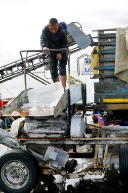 CHONBURI, THAILAND - 11 SEP: İşçiler 11 Eylül 2023 tarihinde Si racha, Chonburi, Tayland 'da bir balıkçı teknesine taşınmadan önce buz küplerini öğütücüye taşıdılar