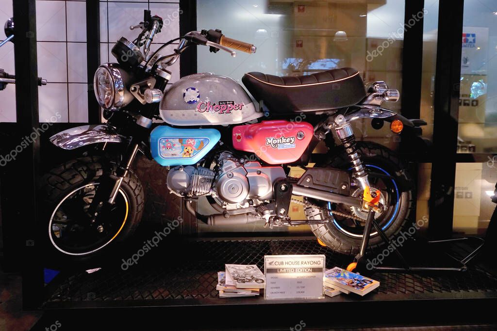 Rayong, Thailand - 17 APR : Close up shot of Honda Monkey Tony Tony Chopper Edition mini motorbike on 17 April 2025 in Rayong, Thailand
