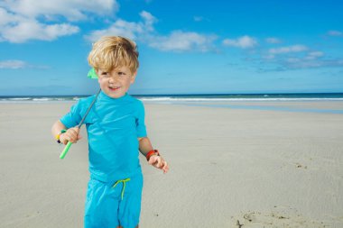 Little blond boy play with butterfly net on the sand beach catching crabs during tide at French Atlantic coast