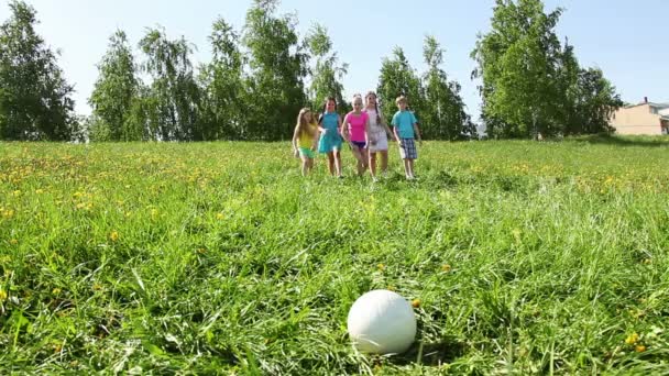 Grupa Szczęśliwych Dzieci Biegać Piłkę Podniesionymi Rękami Szczęśliwy Krzyk — Wideo stockowe