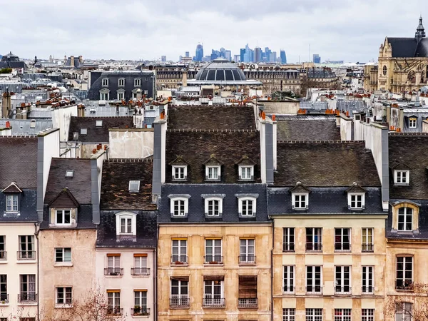 Paris City Old Buildings Roofs Defense Background France Moody Day — 图库照片