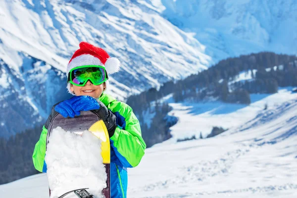 Close Portrait Boy Santa Claus Hat Ski Googles Stand Snowboard — Fotografia de Stock