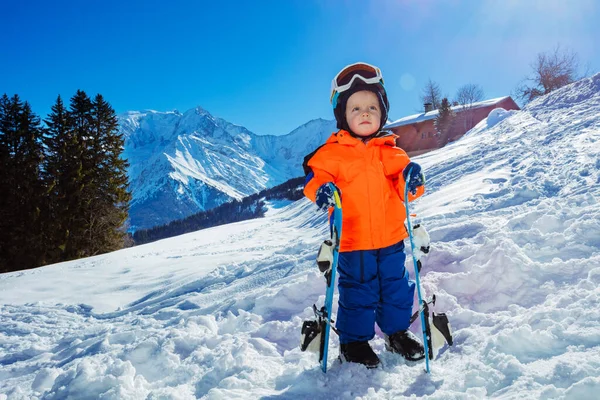 Happy Little Boy Ski Ready Skiing School Stand Snow High — Fotografia de Stock