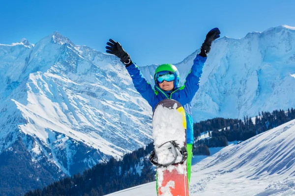 Happy Boy Stand Snowboard Lift Hands Alps Mountains Background Wearing — Fotografia de Stock