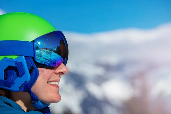 Side Close Portrait Smiling Woman Ski Helmet Sport Mask Glasses — Fotografia de Stock