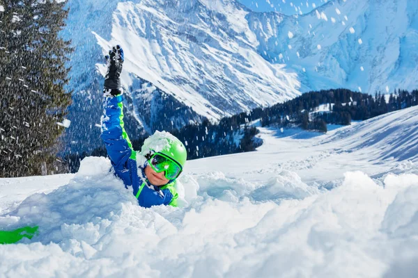 Fun Snow Happy Boy Play Laying Snowdrift Wearing Ski Outfit — Fotografia de Stock