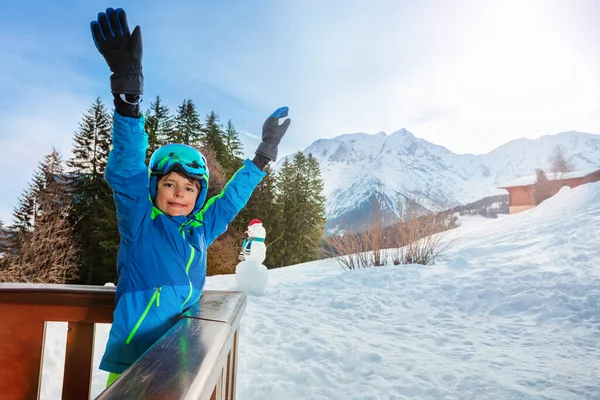 Happy Young Boy Ski Outfit Stand Balcony Lifting Hands Mountain — Fotografia de Stock