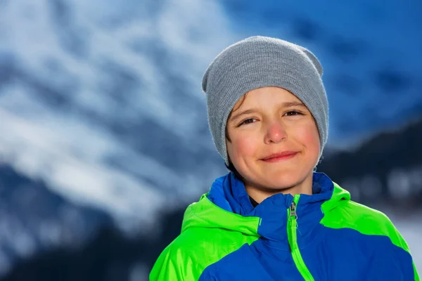 Smiling Boy Stand Wearing Wither Coat Hat Snowy Winter Mountain — Fotografia de Stock