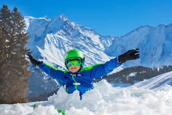 Happy Fun Boy Play Standing Lifted Hands Snowdrift Wearing Ski — Fotografia de Stock