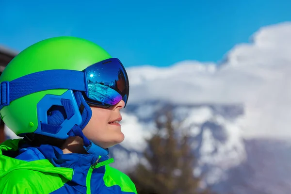 Close Portrait Smiling Boy Ski Helmet Sport Mask Glasses Mountains — Fotografia de Stock