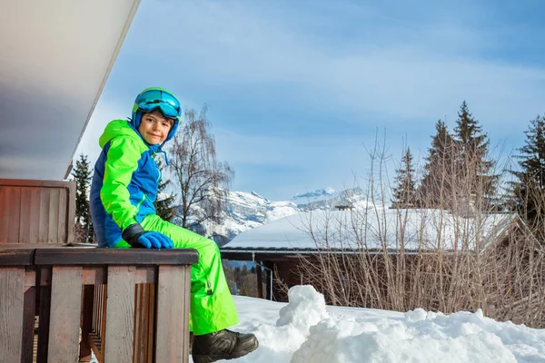 Cute Child Sit Balcony Rail Smiling Ski Outfit Glasses Helmet — Fotografia de Stock