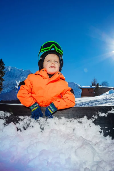 Close Portrait Happy Little Snowboarder Boy Alpine Ski Track Sit — Fotografia de Stock
