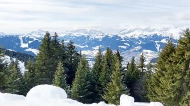 Güzel kar köknar ağaçlarını kaplamış Alp tatil köyünün hareket manzarası