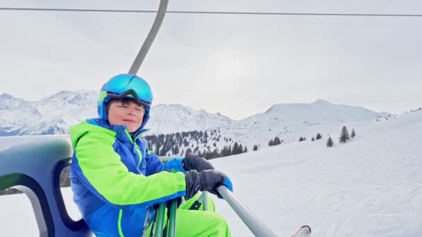 Close Portrait Boy Sit Sport Outfit Helmet Mask Ski Going — Wideo stockowe